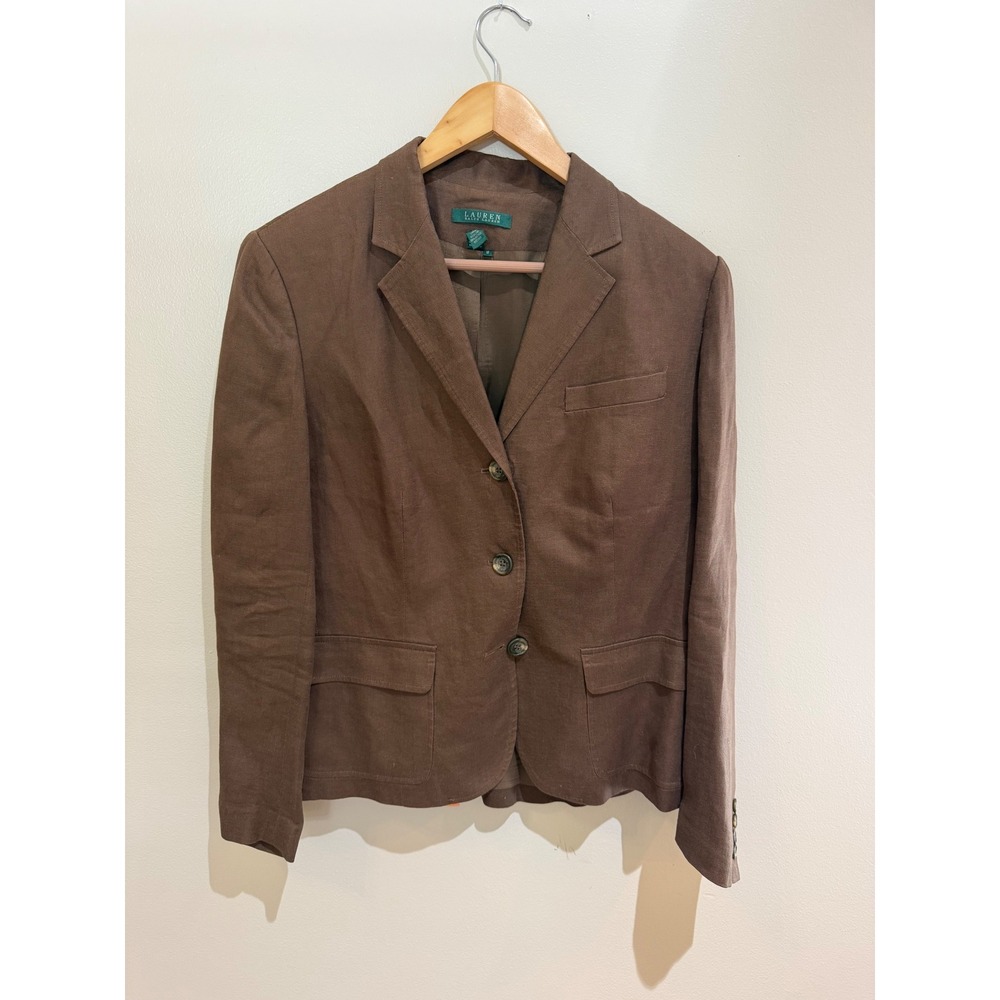 Lauren Ralph Lauren Brown 100% Linen 3 Button Blazer Jacket Womens Size 12